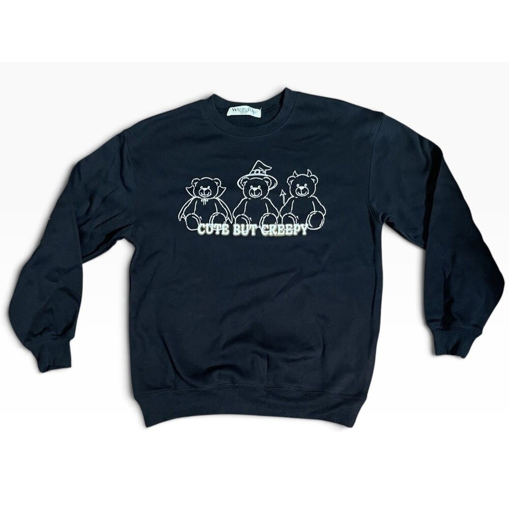 Cute But Creepy Halloween Teddy Bear Sweatshirt Women XS Black Crewneck Pullover